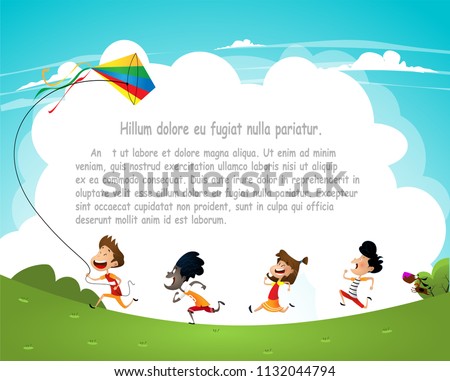 Cartoon kids flying kites in the park. Vector