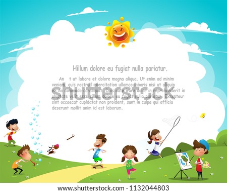 Children having fun in the park. Vacation, active weekend concept Cartoon vector illustration Royalty-Free Stock Photo #1132044803