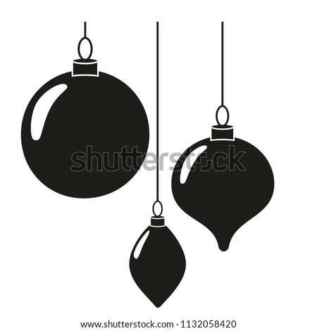 Black and white christmas tree decorations silhouette set. Three hanging xmas baubles. New year holiday themed vector illustration for icon, stamp, label, certificate or gift card decoration