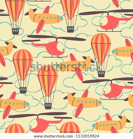 Seamless pattern with cute cartoon helicopters, airplanes and hot air ballon. Vector illustration. 
