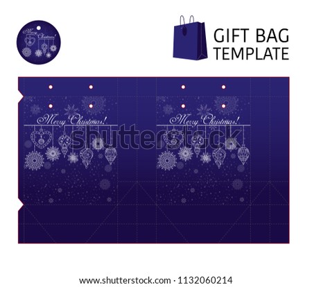 Template paper gift package. Background color of the dark sky with snowflakes and Christmas decorations in a linear style. A sticker that says merry Christmas. Blue. Vector
