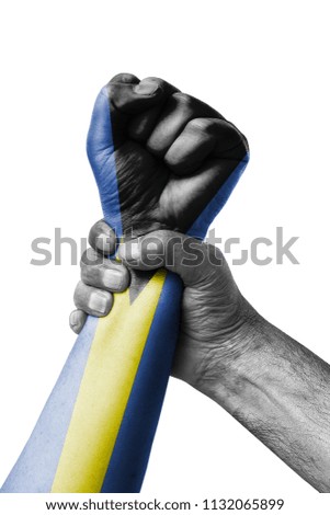 Fist painted in colors of Bahamas flag, fist flag, country of Bahamas