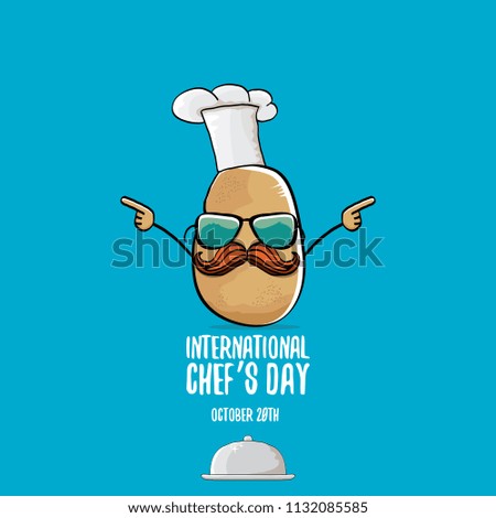 International chef day greeting card. vector funny cartoon tiny brown smiling chef potato with hat isolated on blue background. 