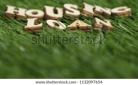 Wooden HOUSING LOAN text on wooden green grass