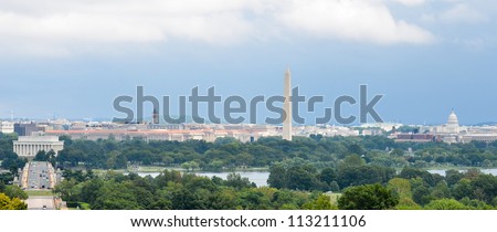Washington DC city view in a cloudy summer day, including Lincoln Memorial, Monument, US Capitol building and Potomac River