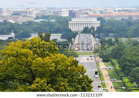 Washington DC city view in a cloudy summer day, including Lincoln Memorial, Arlington Bridge and Potomac River