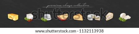 Cheese set vector illustration on dark grunge background. Premium cheese type. Gouda, maasdam, ricotta, brie, gorgonzola, mozzarella. Diary product poster design Royalty-Free Stock Photo #1132113938