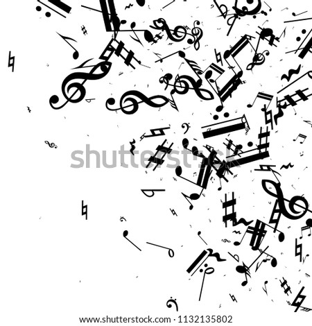 Black Musical Notes on White Background.  Many Random Falling Notes, Bass and Treble Clef. Vector Musical Symbols.  Abstract White and Black Vector Background. Jazz Background. 