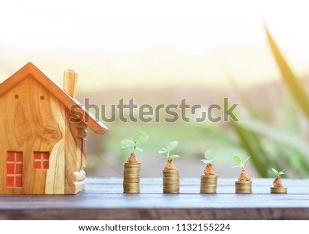 wooden house model and step of coins stacks with plant growing,saving and investment or family planning concept 