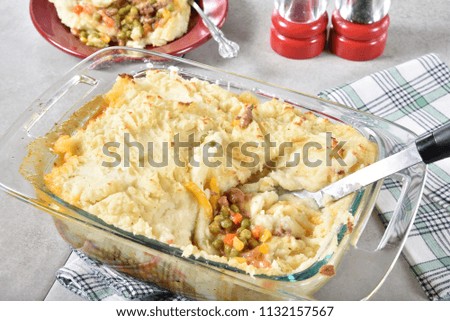 Homemade Shepherds pie in a casserole dish
