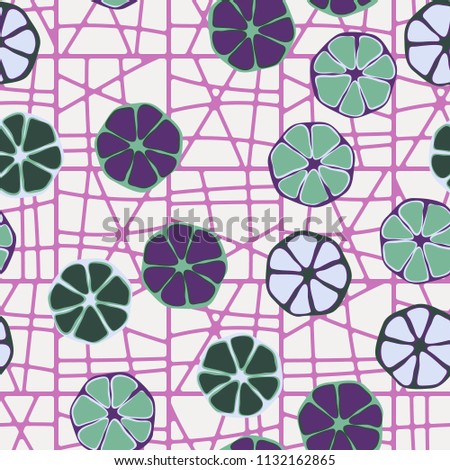 Seamless editable pattern. Elements similar to the cut of citrus. Multicolored texture.
Against the background of a grid of divided squares.