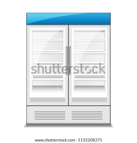 Blue and white fridge refrigerator freezer with transparent glass isolated on white background.Home appliances electricity.