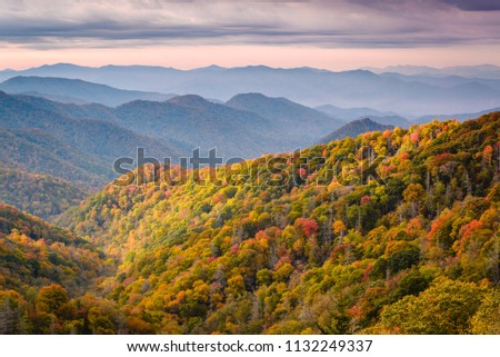 Great Smoky Mountains National Park, Tennessee, USA overlooking the Newfound Pass in autumn. Royalty-Free Stock Photo #1132249337