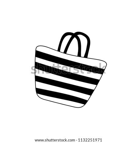 Vector black and white silhouette illustration of beach striped womens bag icon isolated on white background. 