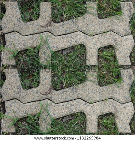 Seamless pattern with stone blocks of the original form on a park path covered and green grass Royalty-Free Stock Photo #1132265984