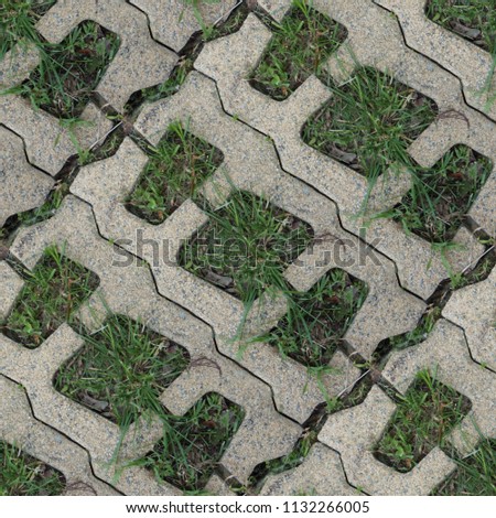 Seamless pattern with stone blocks of the original form on a park path covered and green grass Royalty-Free Stock Photo #1132266005