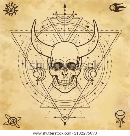 Mysterious drawing: horned skull, sacred geometry, space symbols. Alchemy, magic, esoteric, occultism.  Background - imitation of old paper. Vector Illustration.