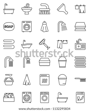 thin line vector icon set - soap vector, scraper, fetlock, bucket, sponge, towel, bath, drying clothes, washer, washing powder, shower, sink, dishwasher