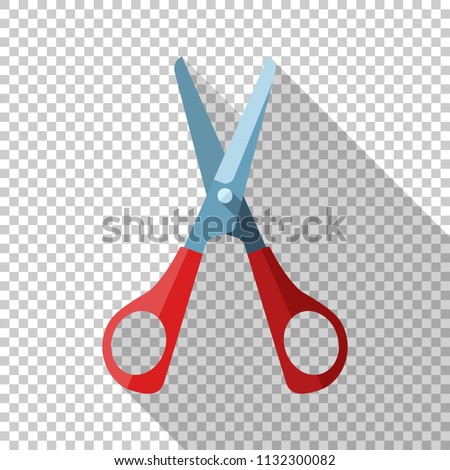 Open scissors icon with red handle in flat style with long shadow on transparent background