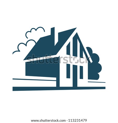 Vector house. Simple stylized icon of cottage in the village. Perspective view of street with private building, trees and fence. Abstract sign of suburban real estate. Black and white illustration