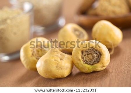 Fresh maca roots or Peruvian ginseng (lat. Lepidium meyenii) which are popular in Peru for their various health effects (Selective Focus, Focus on the maca roots in the front) Royalty-Free Stock Photo #113232031