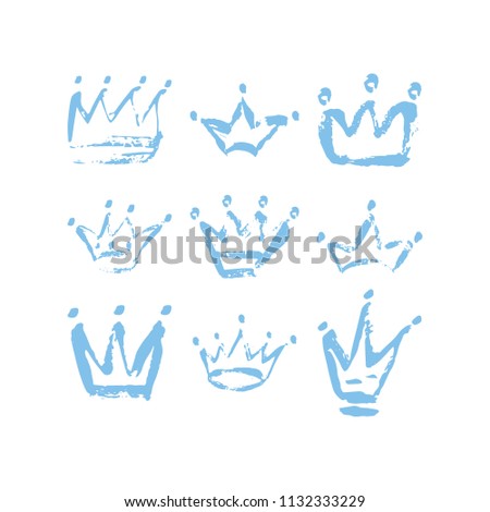 Hand drawn crown icon set in blu color. Ink brush crowns background for baby Prince. Vector illustration EPS 10 file.