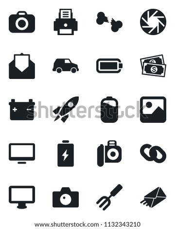 Set of vector isolated black icon - camera vector, garden fork, broken bone, cash, monitor, chain, mail, mobile, gallery, battery, printer, rocket, car