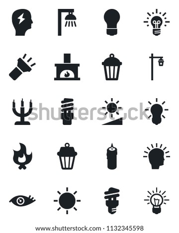 Set of vector isolated black icon - brainstorm vector, bulb, fire, sun, garden light, eye, torch, brightness, fireplace, candle, energy saving, outdoor lamp, shining head, idea
