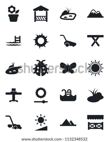 Set of vector isolated black icon - sun vector, flower in pot, lawn mower, butterfly, lady bug, pond, picnic table, brightness, pool, mountains, restaurant, alcove