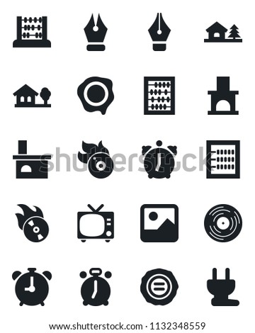 Set of vector isolated black icon - alarm clock vector, tv, abacus, stamp, fireplace, vinyl, flame disk, gallery, ink pen, house with tree, power plug