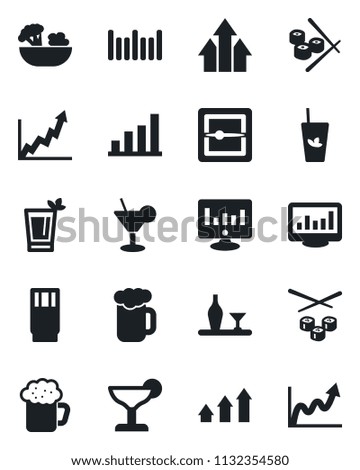 Set of vector isolated black icon - statistic monitor vector, barcode, scanner, statistics, bar graph, alcohol, drink, cocktail, phyto, beer, salad, sushi, arrow up, growth