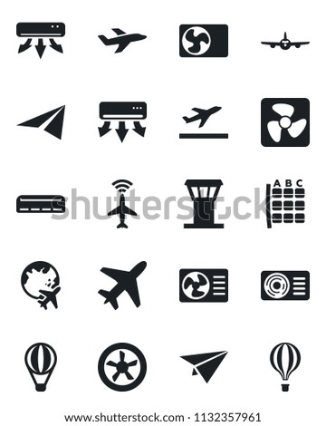 Set of vector isolated black icon - plane vector, airport tower, radar, departure, seat map, globe, air conditioner, fan, paper, balloon