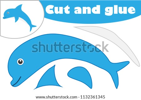 Dolphin in cartoon style, education game for the development of preschool children, use scissors and glue to create the applique, cut parts of the image and glue on the paper, vector illustration