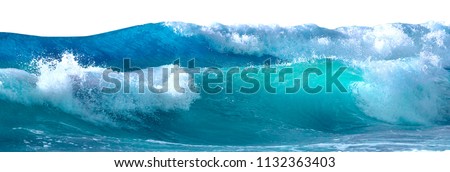 Beautiful sea waves with foam of blue and turquoise color isolated on white background Royalty-Free Stock Photo #1132363403