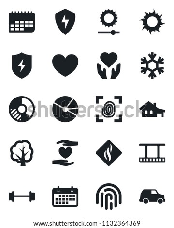 Set of vector isolated black icon - circle chart vector, tree, sun, heart, barbell, hand, term, film frame, protect, brightness, fingerprint id, pie graph, house with garage, snowflake, car