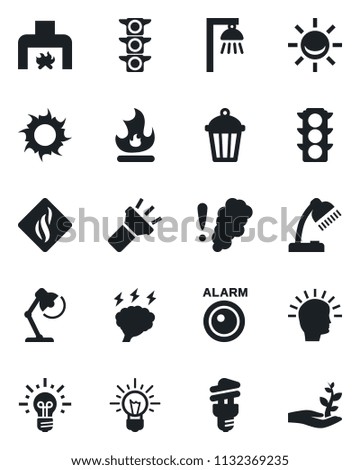 Set of vector isolated black icon - brainstorm vector, fire, sun, garden light, traffic, torch, desk lamp, fireplace, smoke detector, energy saving bulb, outdoor, alarm led, shining head, idea