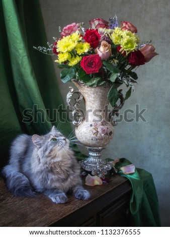 Bouquet of multicolored flowers on the vintage vase and beautiful cat