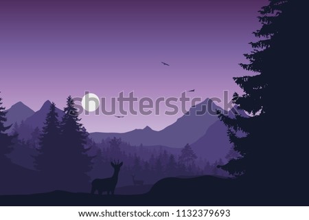 Mountain landscape with forest, deer and doe, under evening sky with moon or sun and flying birds - vector
