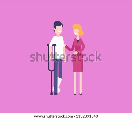 Woman with man on crutches - modern flat design style illustration isolated on pink background. Smiling cartoon characters. Young person with a broken bandaged leg and social worker supporting him