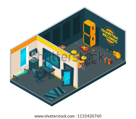 Recording studio interior. 3d isometric pictures of musical studio with various instruments. Record studio room isometric, musical equipment and microphone, Vector illustration