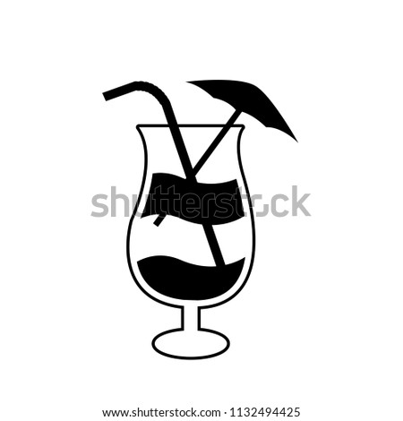 Vector black silhouette illustration of cocktail glass with straw, umbrella and lemon icon isolated on white background. 