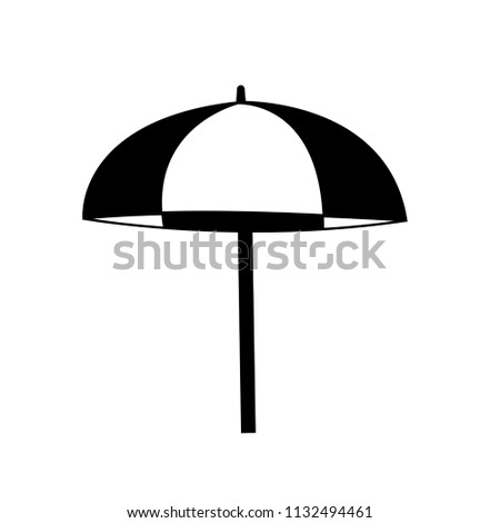 Vector black and white silhouette illustration of beach striped umbrella side view icon isolated on white background. 
