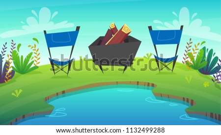 picnic grill at park forest rest camping at lake or sea . wild tourism weekend at green grass field and trees , nature plants . beautiful serenity cheerful cartoon style , vector background