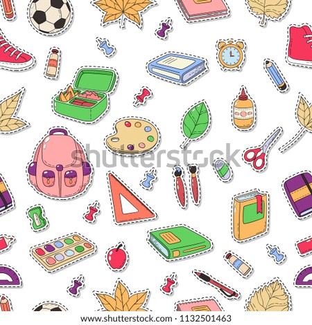 Seamless background, pattern, wallpaper, texture. Template for flyer, advertisement, banner. Vector Doodle Icons Collection. School supplies. Back to school, first day of study.