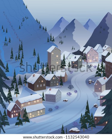 Ski resort. Beautiful landscapes with mountains, houses, hotels, fir trees and ski lift. Night scenery. Vector illustration