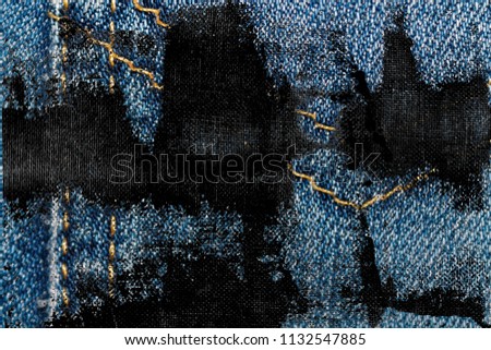 Grunge dirty Closeup of obsolete blue jeans pocket Denim texture, macro background for web site or mobile devices.