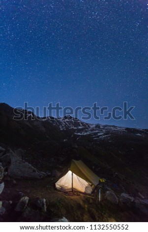 Camping under stars - Himalaya is a state of Mind. Star gazing from Deo Tibba trek,Manali, Himachal pradesh, India. Beautiful landscape and snow scape in cold winter terrain. Astro photo,galaxy, stars