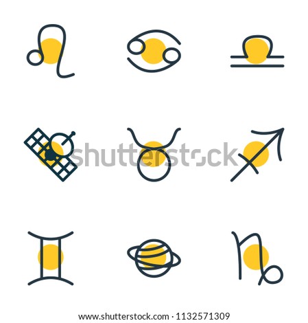 Vector illustration of 9 astrology icons line style. Editable set of sputnik, cancer, sagittarius and other icon elements.