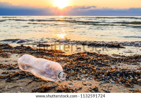 A plastic bottle lies on the beach and pollutes the sea and the life of marine life. The concept of pollution control of the seas and oceans by plastic. Beat Plastic Pollution. Royalty-Free Stock Photo #1132591724