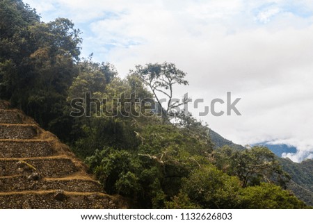 Landscape view of ancient Inca agriculture terrace with mountains and clouds on the background. Machu Picchu. Peru. South America. No people.